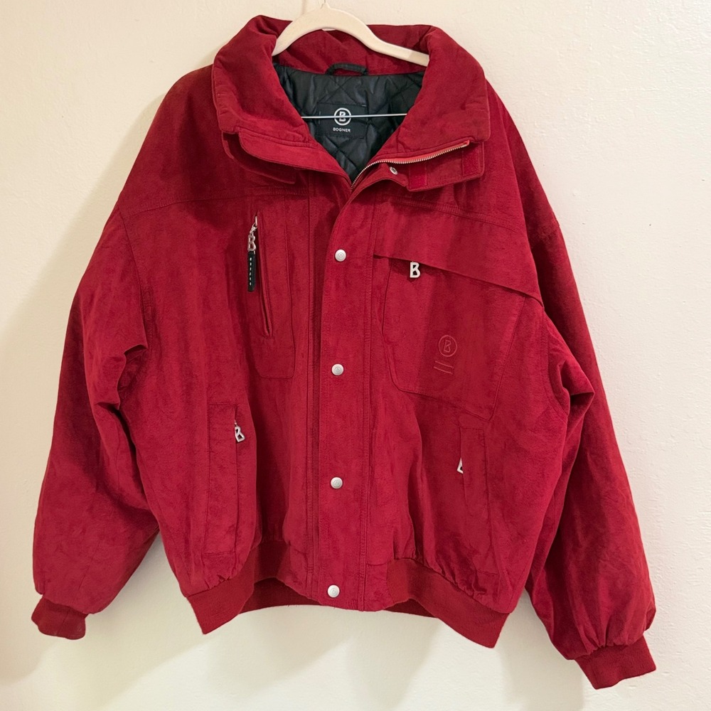Vtg BOGNER Red Suede Ski Jacket Bomber Size 42 Overized 90s Winter Puffer USA